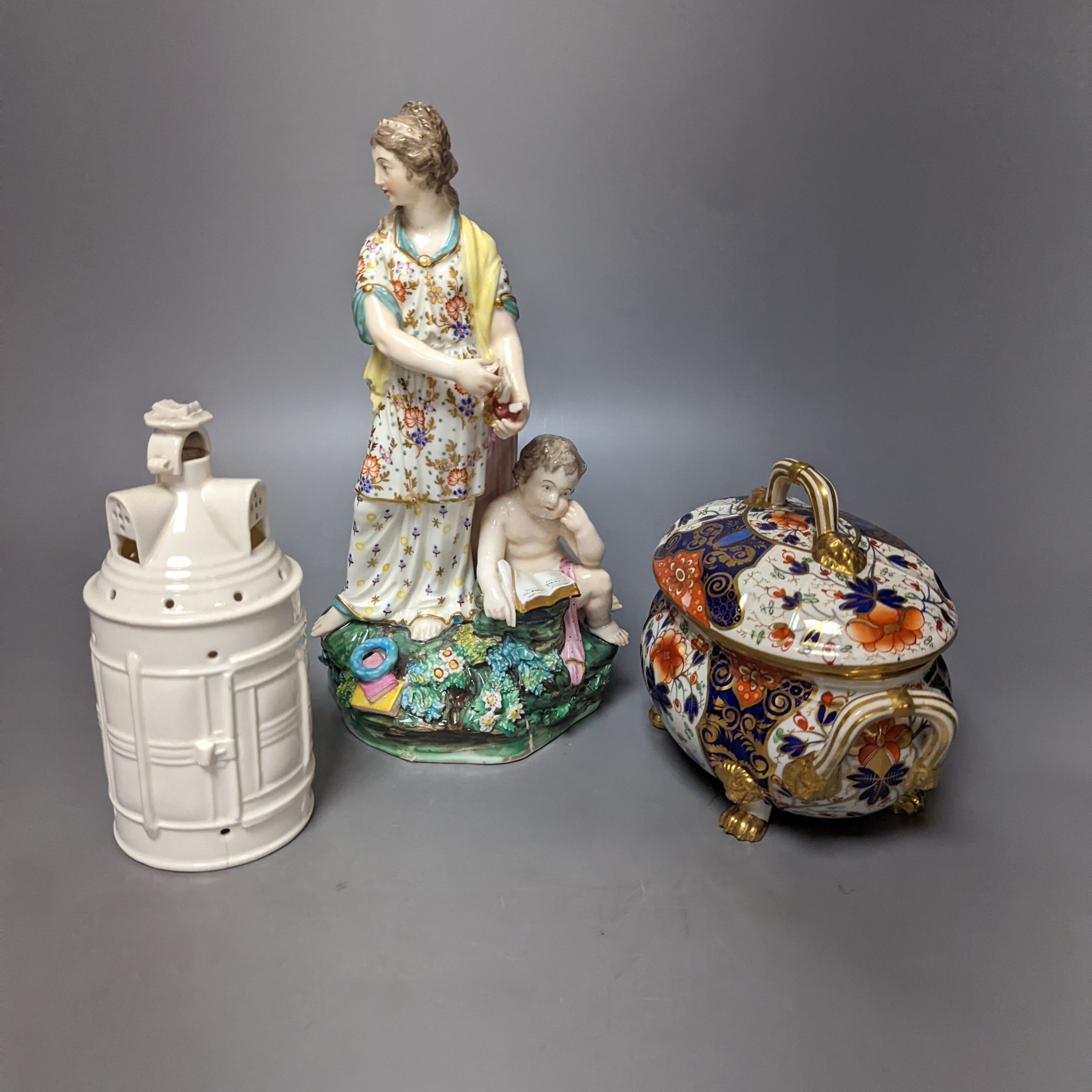 Two Chelsea Derby figure groups, three Derby Japan-pattern items to include an ice pail and two sucrier, together with a Copeland porcelain model of a tower